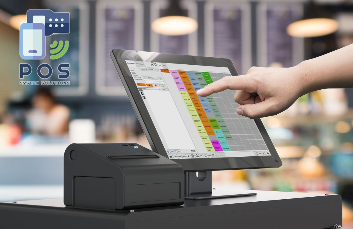 Touchscreen kassa met het bestelscherm: bezorgadres en menu met producten
